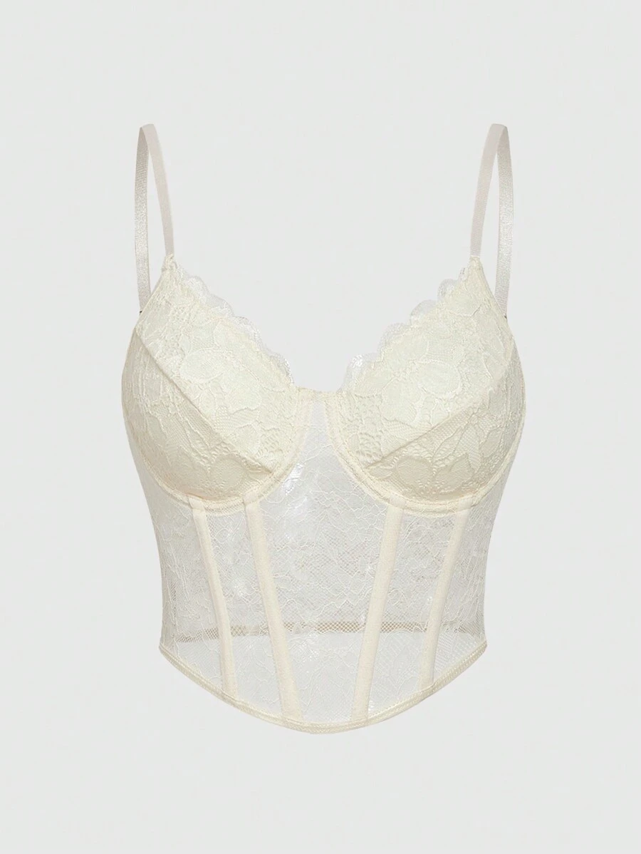 SHEIN Sweetina Áo corset ren màu đen đơn giản thời trang - Màu be - Xem 1