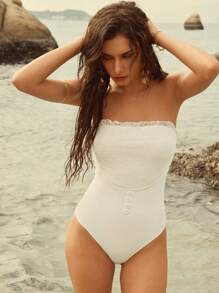 Elaire 1pc Women's Solid Color Bandeau One-Piece Swimsuit, For Summer Beach Vacation - Black and White - View 6
