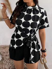 SHEIN LUNE 2pcs Women Geometric Print Woven Set With Contrast Color - Black and White - View 1
