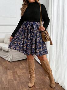 SHEIN VCAY Plus Size Apricot Knit Long Sleeve Stand Collar Patchwork Ditsy Floral Dress, Versatile & Casual Bohemian Style For Autumn/Winter