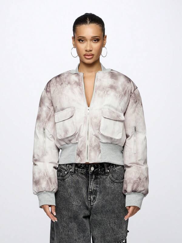SUMWON WOMEN Jachetă de designer cu fermoar, vopsită în stil Tie Dye, stil Bomber, toamnă-iarnă, stil casual, la modă, cu buzunare, croială relaxată, streetwear