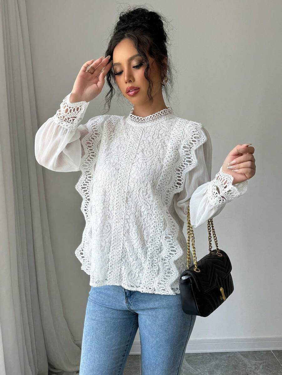 Chiquease Women's Casual Solid Color Lace Patchwork Ruffled Collar Shirt, Autumn/Winter - White - View 1