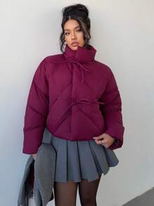 Aloruh Women's Solid Color Front Tie Long Sleeve Pocket Casual Winter Jacket - Burgundy - View 4