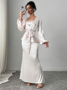 Firerie Conjunto de 2 piezas de mujer compuesto por una chaqueta holgada con manga abullonada, bajo irregular y cinturón, talla grande un vestido de corte ajustado, en tela beige, para uso elegante, romántico, diario o de fiesta en otoño/invierno/primavera