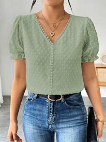 Chiquease 女士纯色瑞士圆点短袖休闲上衣，日常穿着 - 薄荷綠 - 查看 5