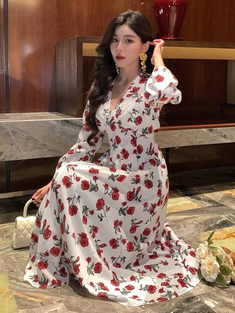 Women Elegant Big Floral Print Midi Dress, Vacation Wear For Spring/Fall Long Sleeve Dress