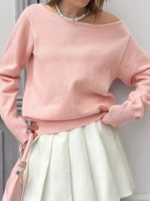 Jouncy Suéter holgado y casual de unicolor con hombro oblicuo y manga larga para mujer, apto para otoño/invierno