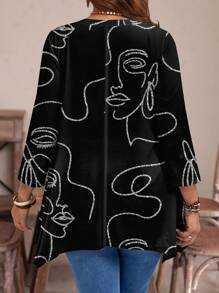 EMERY ROSE Camiseta de manga larga de corte holgado con estampado gráfico de línea facial minimalista casual, adecuada para tallas grandes en otoño/invierno - Multicolor - Ver 2