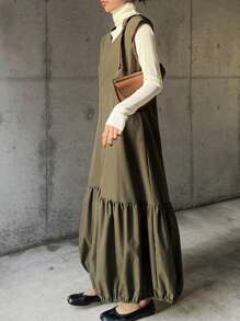 Women's Solid Color Sleeveless Minimalist Pleated Dress, Casual For Daily Wear,Fall Clothes - Green - View 3
