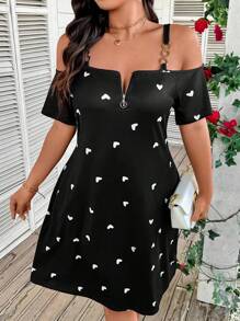 SHEIN LUNE Valentine's Day Heart Print Metal Strap Patchwork Plus Size Short Sleeve Comfortable Dress - Black - View 4