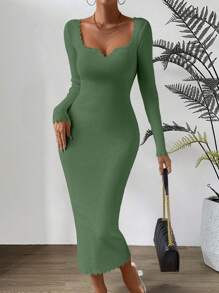 SHEIN Clasi Vestido de suéter de Body con manga larga, cuello de corazón y unicolor para mujer