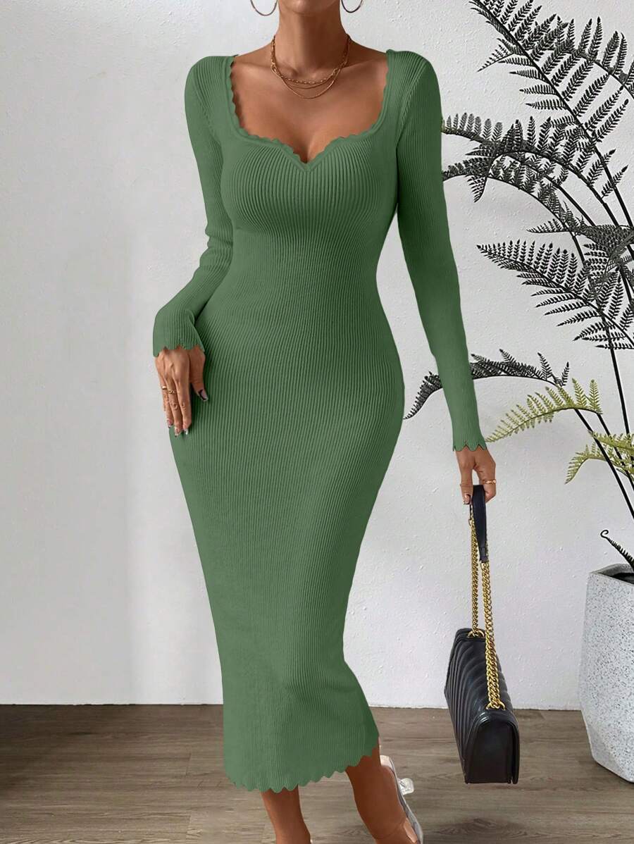 SHEIN Clasi Vestido de suéter de Body con manga larga, cuello de corazón y unicolor para mujer