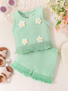 SHEIN Vintaside Kids 女婴夏季新品 3D 花朵无袖上衣 + 短裤 2 件套服装 - 綠色 - 查看 1