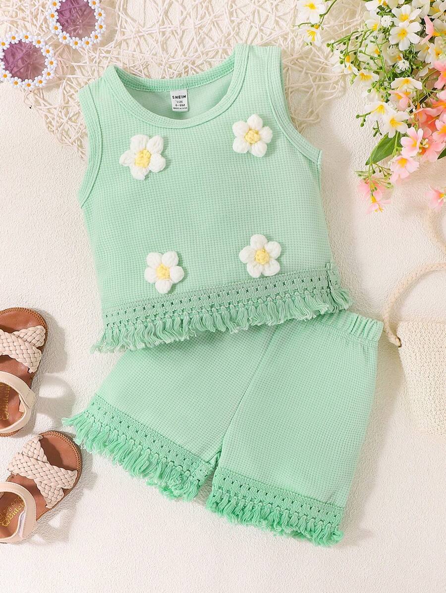 SHEIN Vintaside Kids 女婴夏季新品 3D 花朵无袖上衣 + 短裤 2 件套服装 - 綠色 - 查看 1
