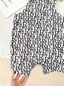 SHEIN Leap Crew Grenouillère de bébé garçon nouveau-né casual polyvalente de tous les jours avec imprimé lettres et chapeau, convient pour le printemps et l'été - Noir - Voir 4