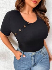 SHEIN LUNE Plus Size Women Valentine's Day Knitted Button Up Short Sleeve Casual Bodysuit, Cooling Dress, Stress Relief Outfit, Evening Long Gown, Elegant Fashion Sleepwear