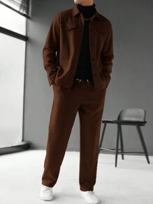 Manfinity Homme Men's Solid Color Long Sleeve Single-Breasted Jacket And Pants Casual Suit Set, Men Brown Outfit Men Plain Front Button Long Sleeve Jacket And Pants Set - Coffee Brown - View 1