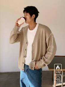 Manfinity CasualKnits Men's Solid Color Splicing Front Button Long Sleeve Casual Shirt, Daily Wear - Brown - View 7