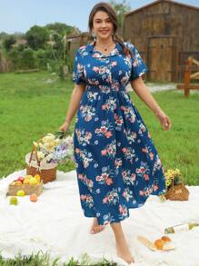 SHEIN LUNE Lange Freizeitkleid Große Größen für Damen mit Blume Muster, halber Knopfleiste, Hemdkragen, Taillenbund, Kurzarm - Blau - Übersicht 5
