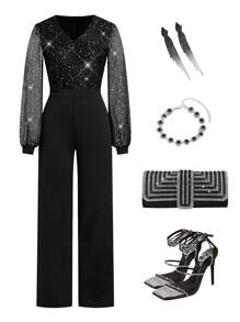 Gownix Contrast Mesh Rhinestone Detail Flare Leg Jumpsuit