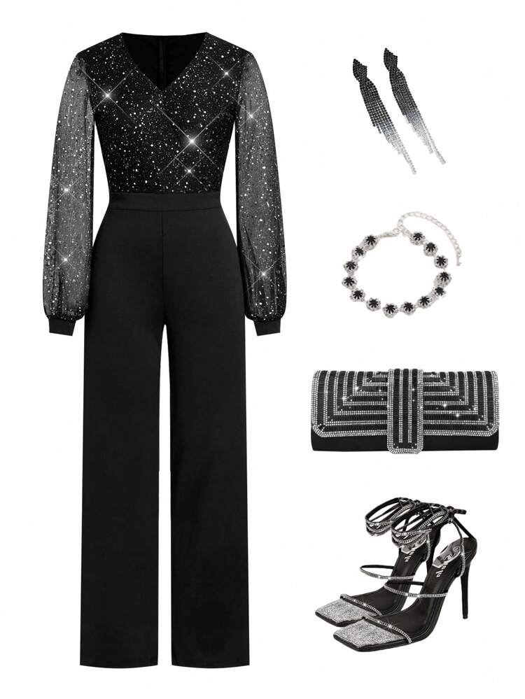 Contrast Mesh Rhinestone Detail Flare Leg Jumpsuit