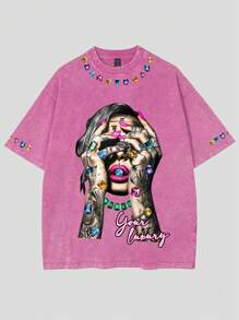 ROMWE MEN Street Life 2pcs/Set Men Street Washed Distressed Figure Print Short Sleeve T-Shirt And Drawstring Waist Shorts, Casual Outfit - Multicolor - View 3