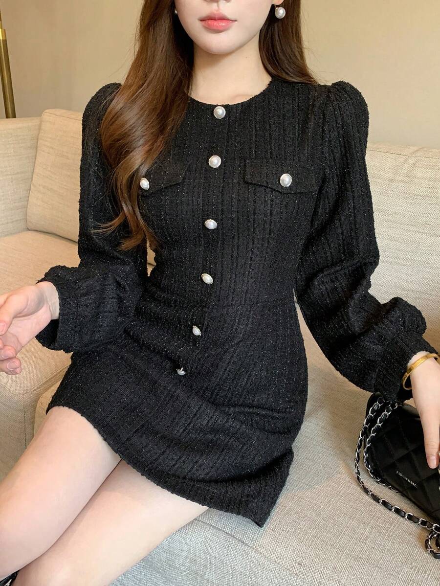 DAZY Holiday & Date Night Outfit, Women Tweed Round Neck Long Sleeve Short Dress,Fall Dress - Black - View 1