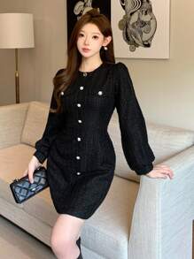 DAZY Holiday & Date Night Outfit, Women Tweed Round Neck Long Sleeve Short Dress,Fall Dress - Black - View 3