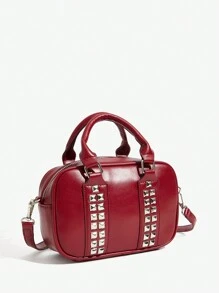SHEIN ICON 女士时尚朋克铆钉手提包、街头风格单肩包、Y2K 时尚 - 紅色 - 查看 3