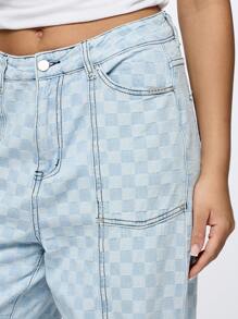 SUMWON WOMEN Check Wide Leg Carpenter Denim Jeans - Baby Blue - View 4