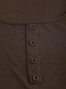 Sweetra 2 件套女士休闲百搭套装，罗纹方领纽扣短袖上衣和松紧腰直筒裤 - 咖啡棕 - 查看 6