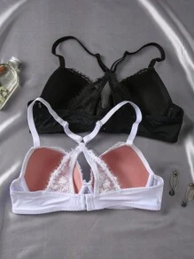 2 peças Conjunto de Lingerie Sutiã com Renda Sexy e Recorte, com Aro para Mulheres