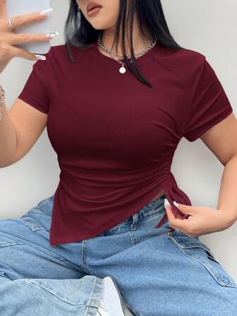 Coolane Camiseta corta asimétrica con cordón lateral, ajuste slim, para talla grande, de verano