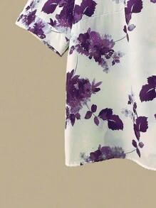 Linhara Women's Plus Size Floral Print Round Neck Short Sleeve Top And Elastic Waist Crossover Hem Pants Set, For Summer