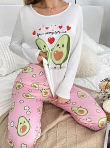 Women Avocado Pattern Print Long Sleeve Loungewear Set, Includes Blouse & Pants