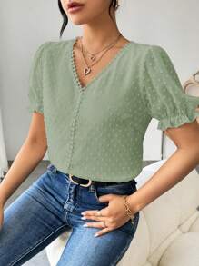 Chiquease 女士纯色瑞士圆点短袖休闲上衣，日常穿着 - 薄荷綠 - 查看 4