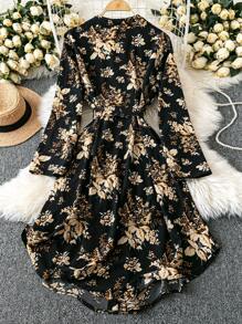 SHEIN Clasi 大码女式长袖花卉印花腰纽扣中长连衣裙