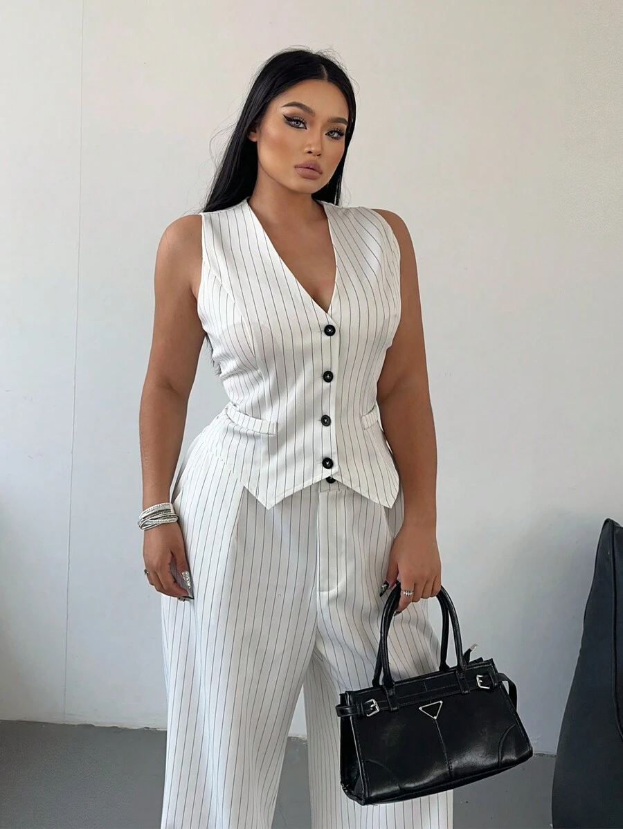 POPSWAY Plus Size Asymmetrical Hem Blouse And Straight-Leg Pants 2 Pieces Set - Black and White - View 1