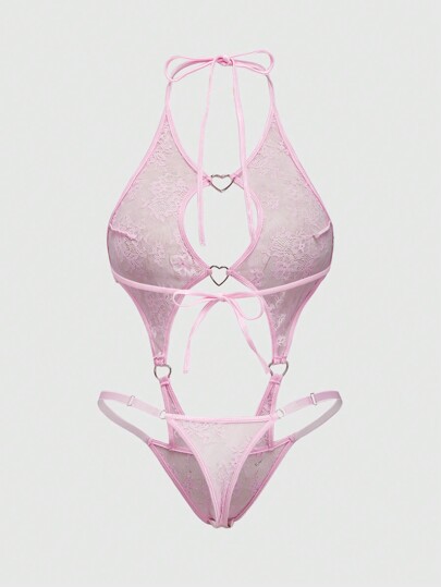 Kawaii Plus Size Romantic Valentine's Day Lace Heart Metal Halter Teddy Lingerie