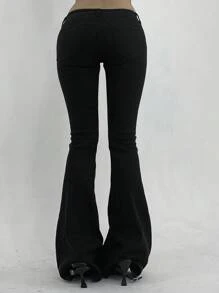 DAZY Tight Fit Låg midja för kvinnor Svarta High Stretch Flare Jeans - Svart - Visa 5