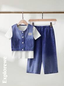 SHEIN A 3-Piece Set For Little Girls Featuring A Casual City Style Round-Neck Short-Sleeve T-Shirt Paired With A Denim Vest And Denim Long Pants. This 3-Piece Set Is Made Of Soft And Comfortable Cotton, Suitable For Spring, Summer, And Autumn. It Is Ideal For Various Occasions Such As City Street Photography, Outdoor Outings, Daily Wear, School, Gatherings, And More.