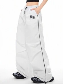 NORVETH Unisex Casual Loose Woven Wide-Leg Drawstring Waist Trousers, Sports Pants - White - View 4