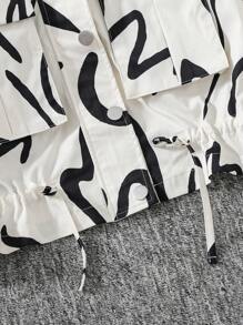 Tween Girls Graphic Print Metallic Buckle Drawstring Hem Jacket, Pockets Cargo Bomber Coat For Dailywear - Beige - View 4