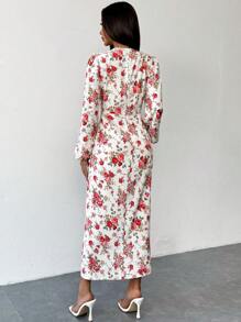 SHEIN Unity 纽扣装饰前拉链长袖深 V 领花卉印花连衣裙 - 白色 - 查看 2