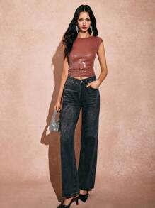 Poéselle 女士纯色露背亮片华丽时尚紧身修身袖上衣 - 亮片露背上衣、情人节上衣、春季上衣、演唱会女装、可爱夏季上衣