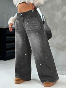 SHEIN ICON Black Plus Size Jeans Loose Straight Pants Diamond Jewelry Y2K Lined For Added Warmth Thermal Denim Jeans - Grey - View 6