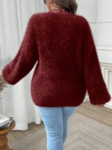 SHEIN Clasi Women's Plus Size Burgundy Loose Knitted V-Neck Contrast Lace Sweater,Elegant Thick Pullover For Autumn Date Night,Christmas & Valentine's Day Gift - Red - View 2