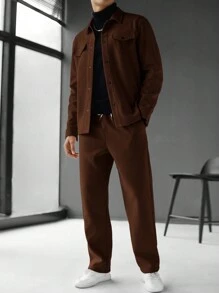 Manfinity Homme Men's Solid Color Long Sleeve Single-Breasted Jacket And Pants Casual Suit Set, Men Brown Outfit Men Plain Front Button Long Sleeve Jacket And Pants Set - Coffee Brown - View 3