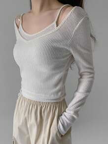 DAZY 2 piezas Conjunto de top camisola de mujer de unicolor con escote en V, blanco, primavera/verano