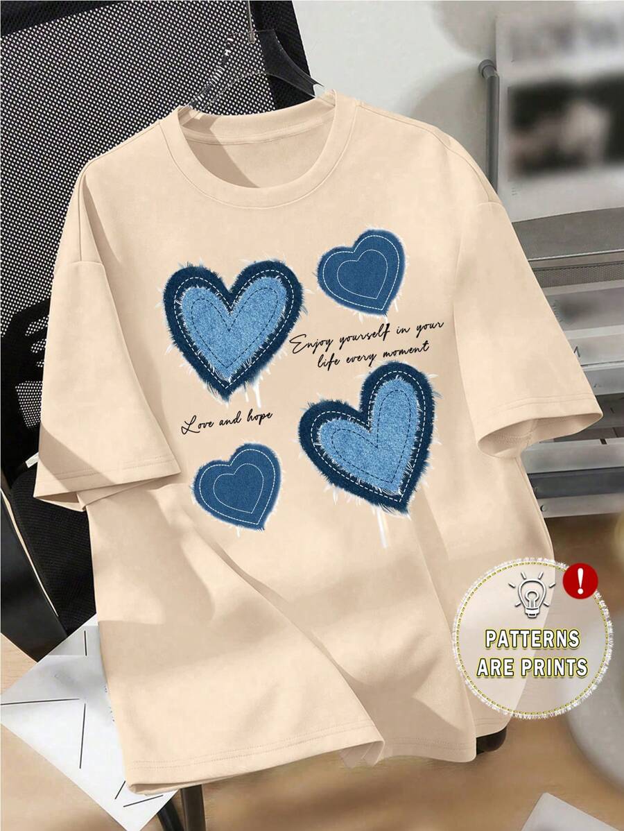 SHEIN EZwear Plus Size Casual Simplicity Blue Heart Graphic Round Neck Short Sleeve Loose T-Shirt For Women, Summer - Apricot - View 1